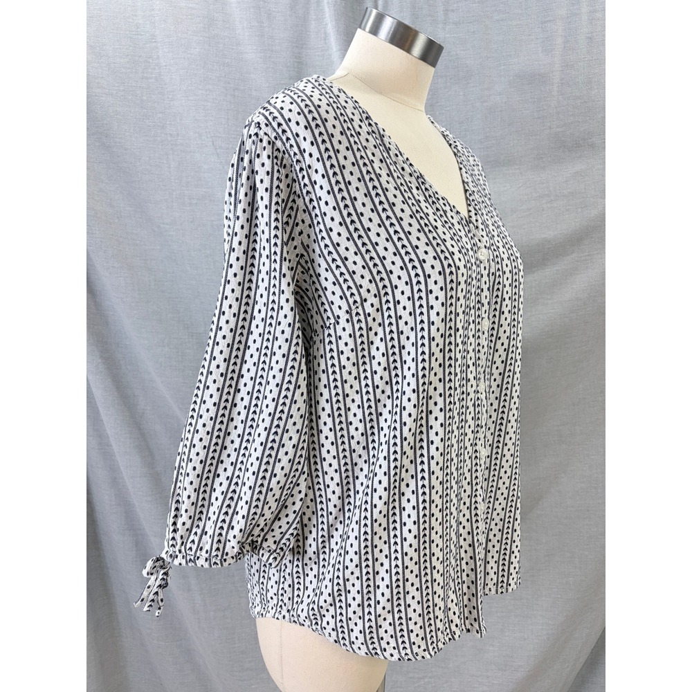 Garnet Hill Organic Cotton Button Front Blouse Navy White Print Tie Sleeve L - Picture 10 of 10